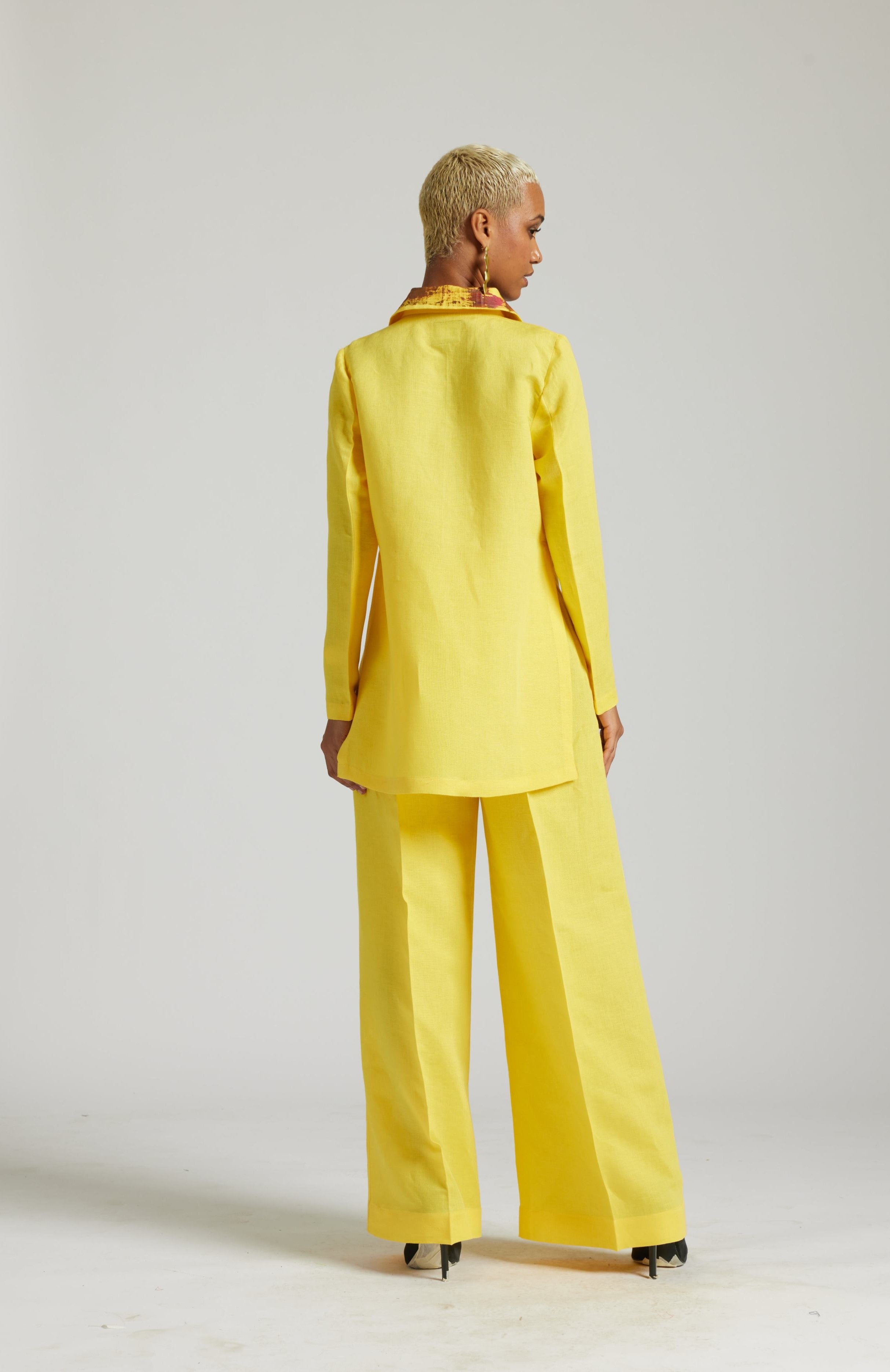 Yellow Hand Painted Linen Cropped blazer Co-ord