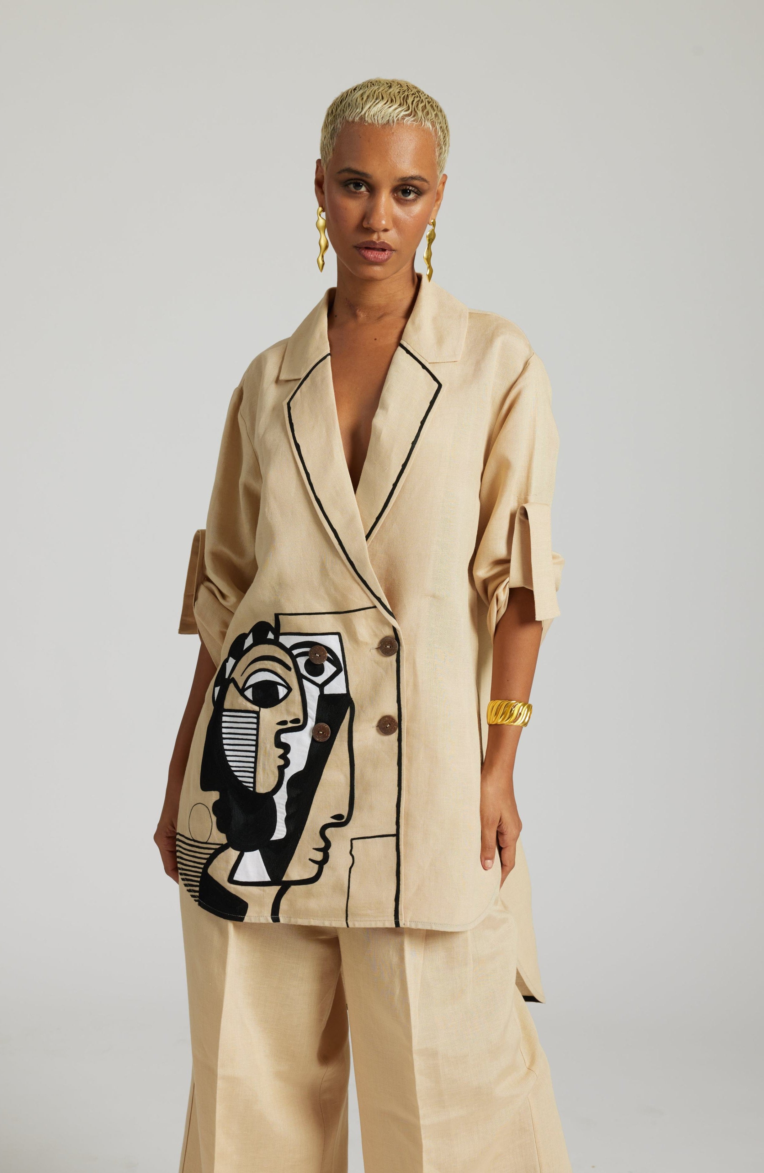 Beige Picasso Face Linen Shirt Fit Co-ord