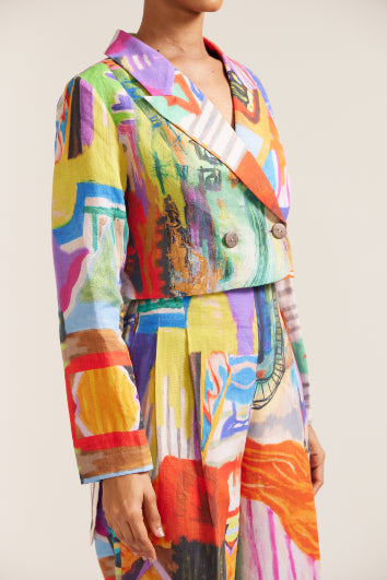 Printed Linen Cropped Jacket Co-ord