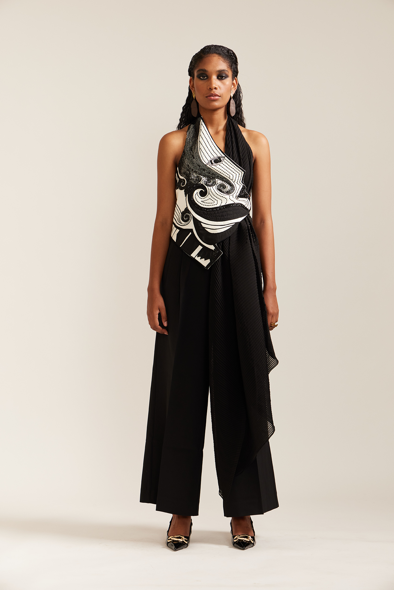 1 Face Black & Cream Drape Jacket Co-ord