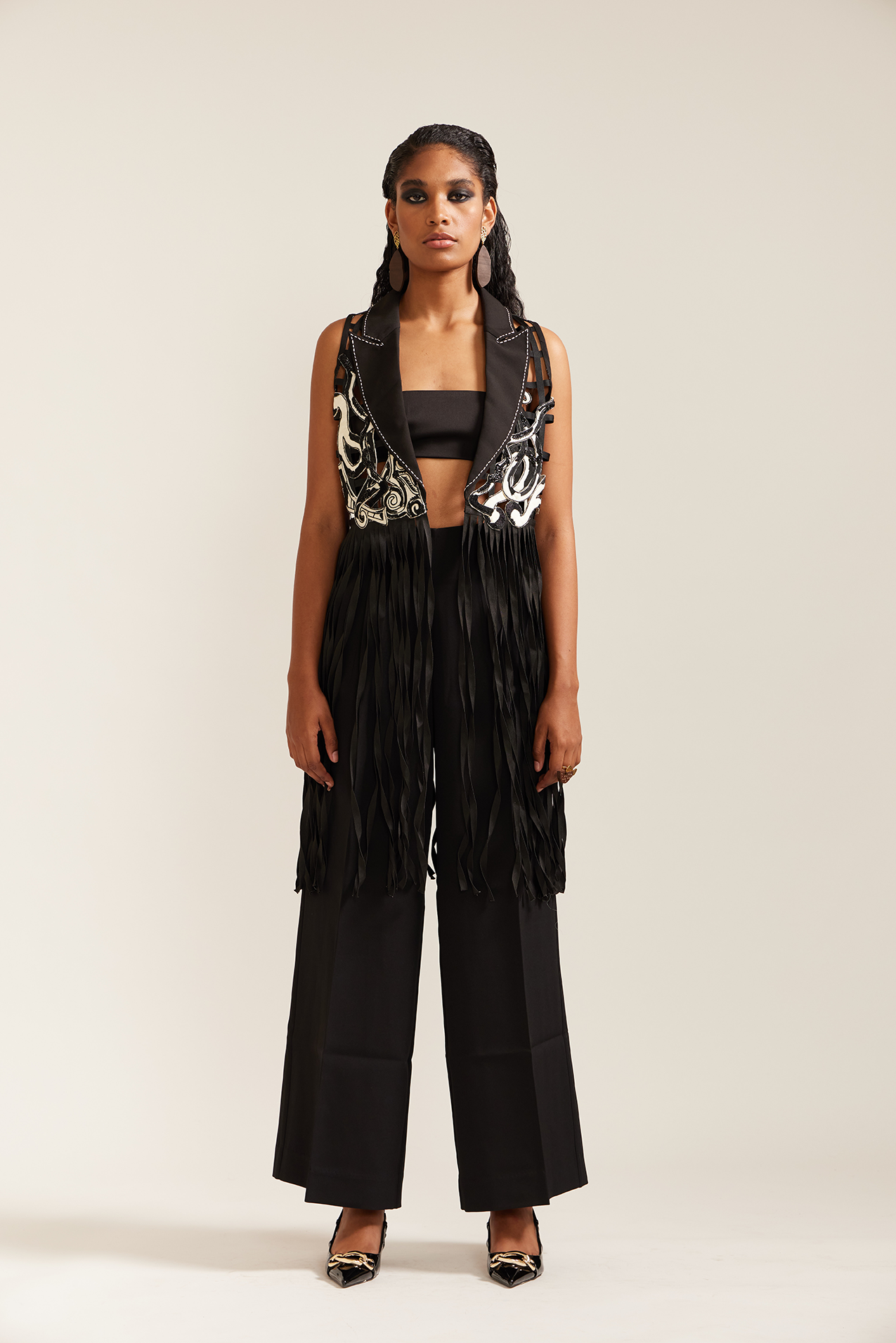 Black & Cream Fringe Pyschedelic Jacket Co-ord