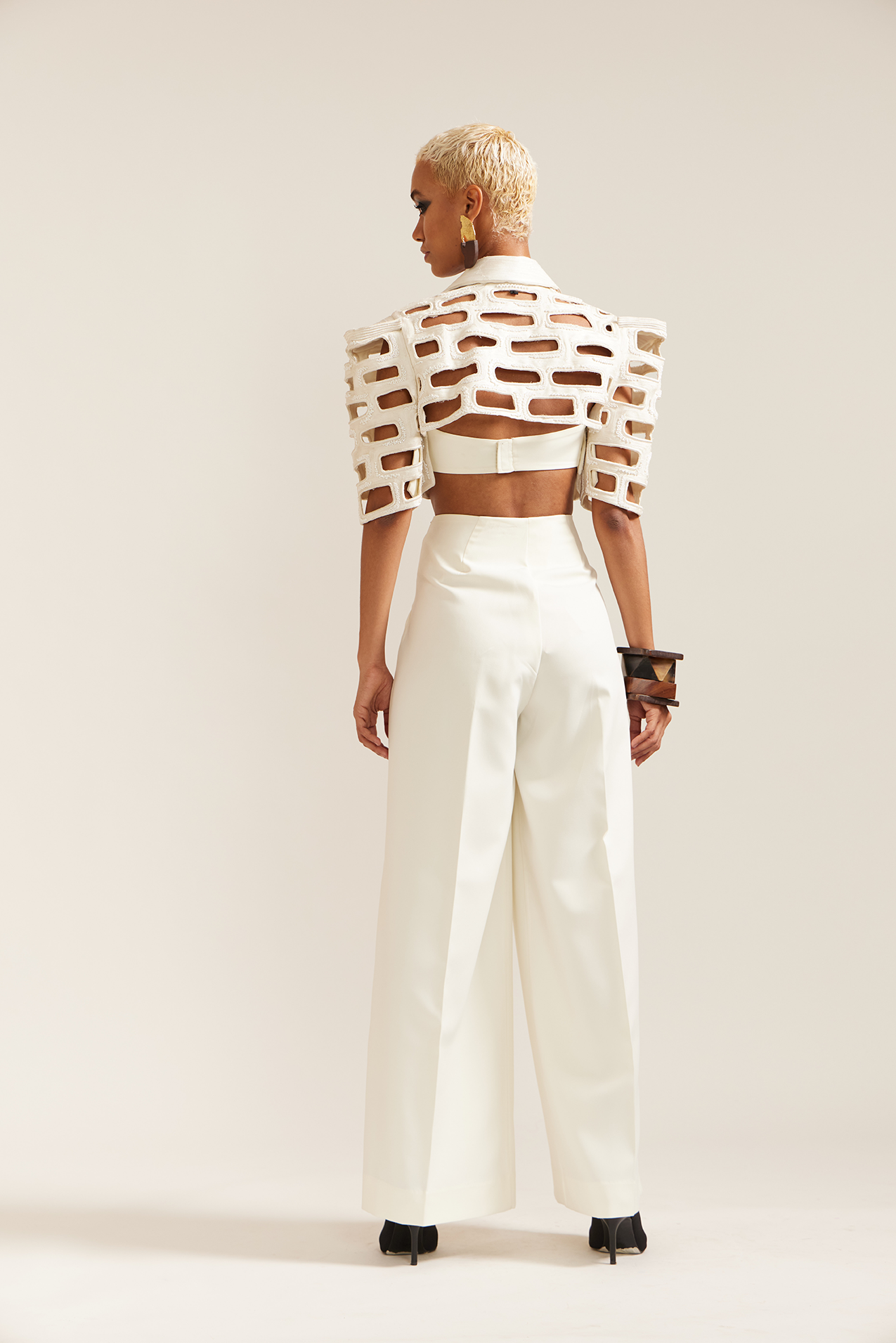 Cream Bricks Cutwork Cropped Jacket Co-ord