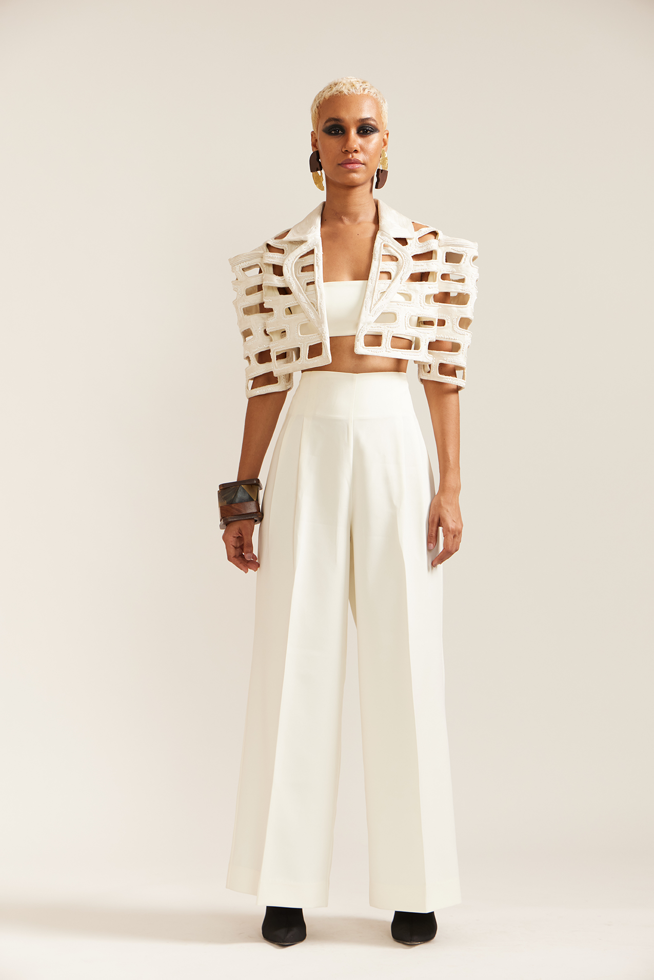 Cream Bricks Cutwork Cropped Jacket Co-ord