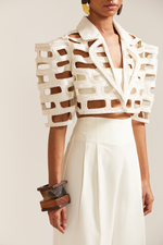 Load image into Gallery viewer, Cream Bricks Cutwork Cropped Jacket Co-ord
