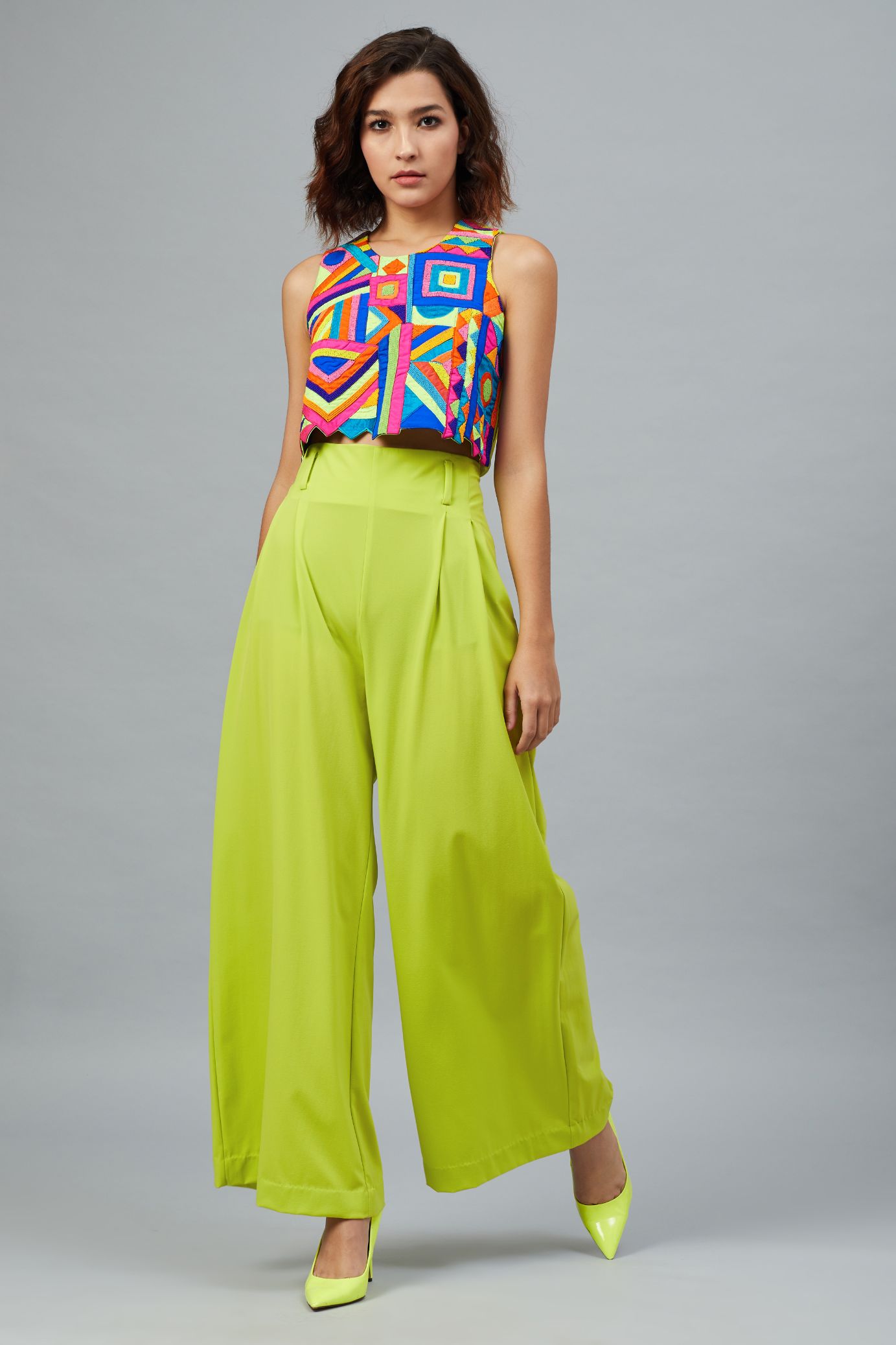 S.H. RAZA MULTI COLOURED CROPPED TOP WITH PARROT GREEN TROUSERS