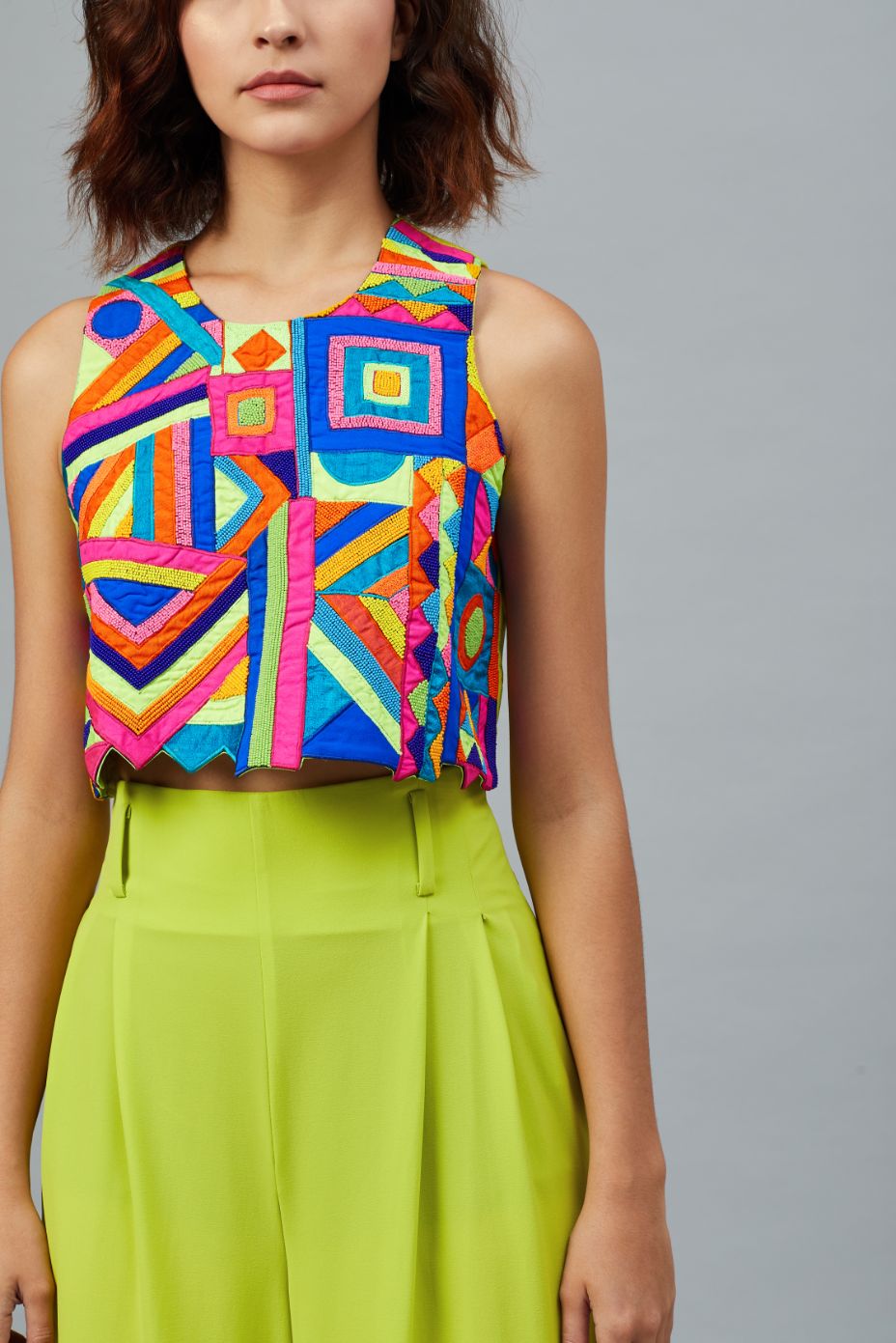 S.H. RAZA MULTI COLOURED CROPPED TOP WITH PARROT GREEN TROUSERS