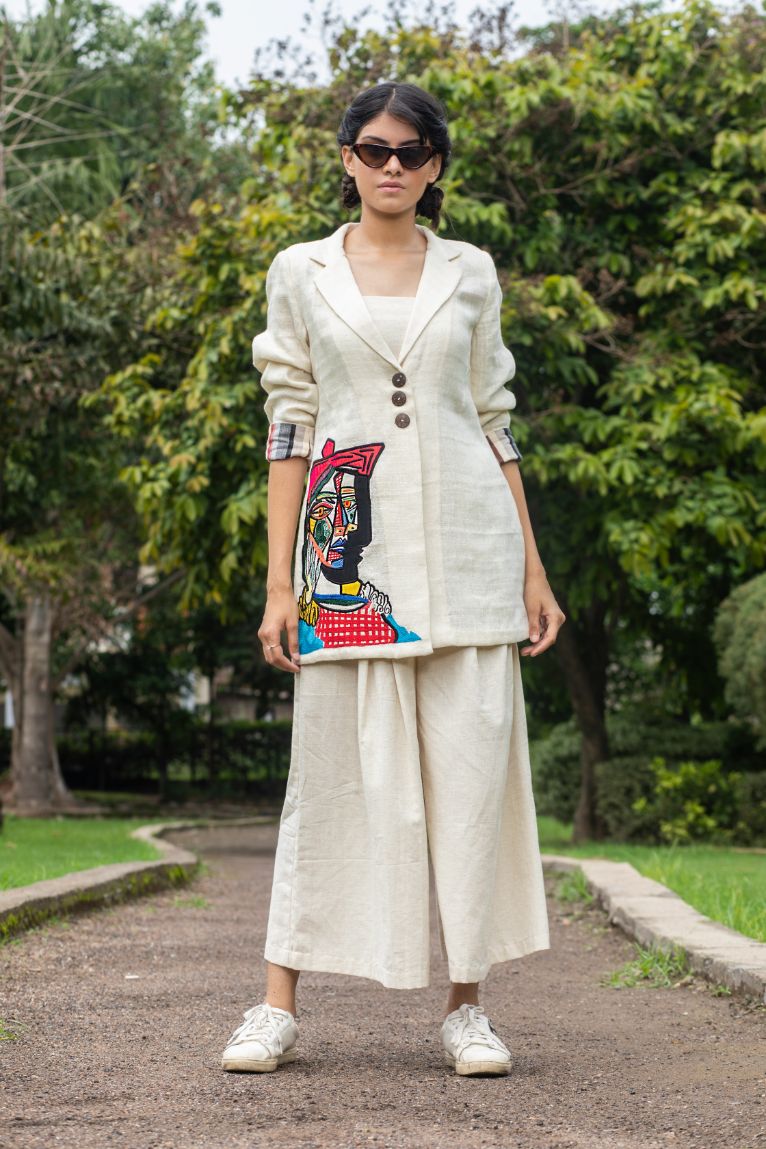 PICASSO FACE JACKET WTH CROP TOP AND TROUSER